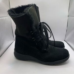 La Canadienne Boots Womens 7.5M Black Leather Shearling Lined Wedge Lace Up Tall